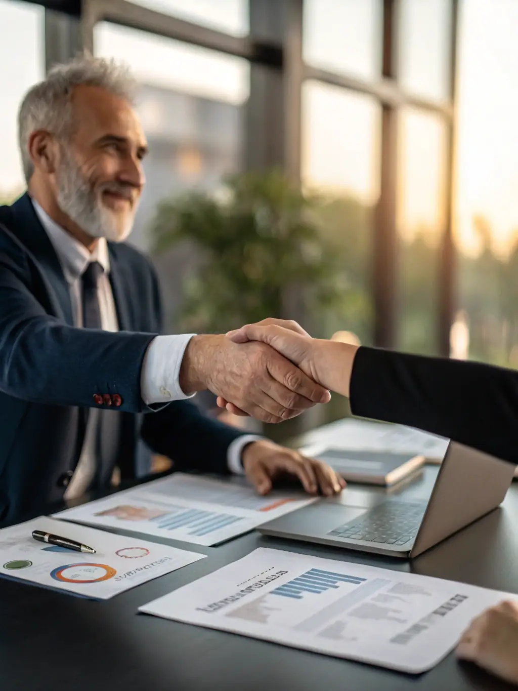 A business owner shaking hands with a financial advisor, representing expert guidance and support.