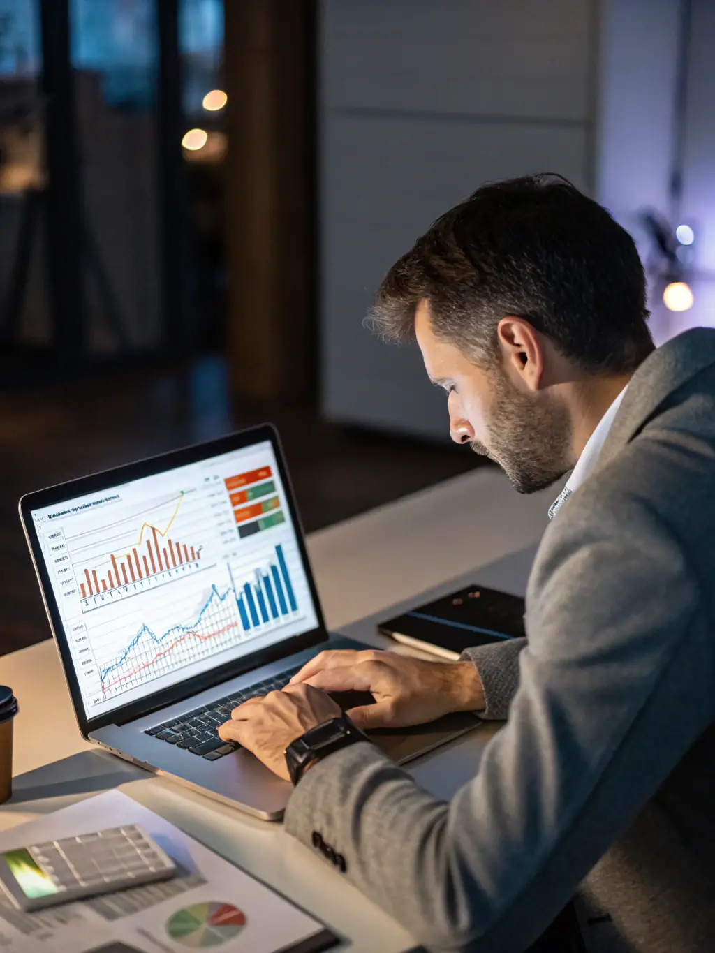 A business owner using a budgeting app on a tablet, with charts and graphs displayed, in a modern office setting, emphasizing financial planning.