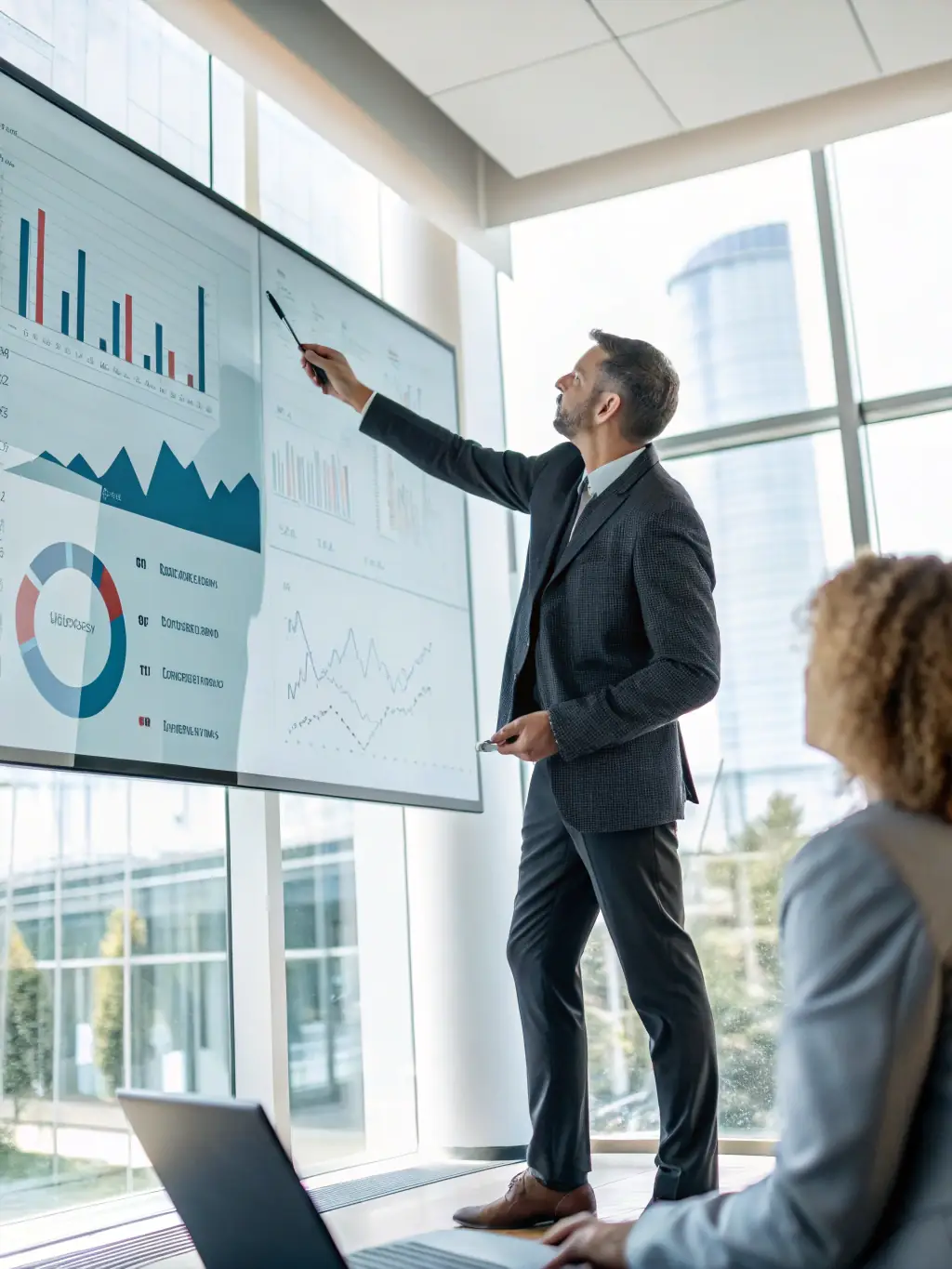 A business owner confidently presenting financial data to investors, showcasing the potential for growth and profitability with finavora's guidance.