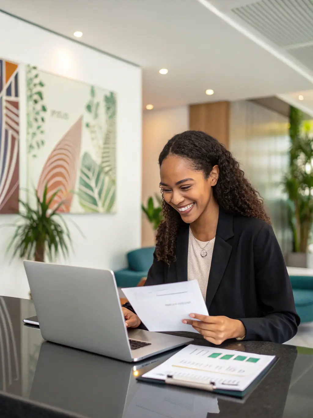 A small business owner confidently reviewing financial reports with a satisfied expression, symbolizing informed decision-making.